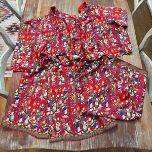 VTG Josie Natori 3-Pc Set - Red Chinoiserie Geisha Print Kimono Robe & PJ Pants